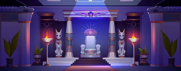 古老的王座在埃及宫殿的夜晚 黑暗古老的埃及神庙建筑与神的象征 围巾囊 对称建筑室内设计与塑像 坐姿在房间中 — 图库矢量图片