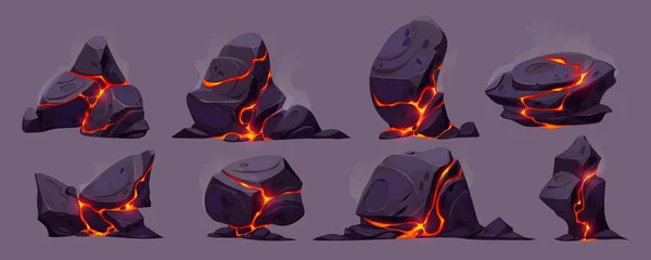 Lava Rock Med Spricka Och Lätt Textur Vektor Vulkan Set — Stock vektor