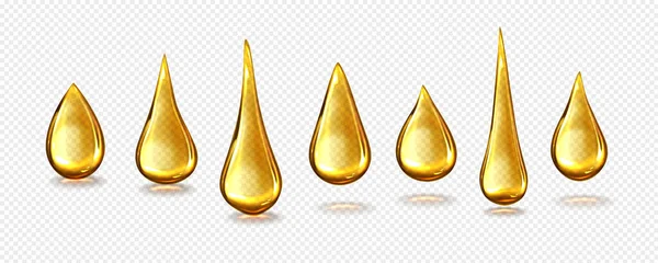 透明な背景に金の蜂蜜ドロップアイコン 黄色のオリーブオイル液滴ベクトルの現実的なイラストを隔離 黄金の秋のスキンケアアルガン化粧品 自然のエッセンス抽出半透明のクリップセット — ストックベクタ