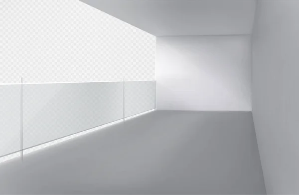 フェンスとレールと隔離された3Dガラスバルコニー 透明な背景にプレキシガラスバリアモックアップ付きの現代的な白いフラットテラスを現実的な建物 パティオのインテリアデザイン上のプレキシガラスパネル — ストックベクタ