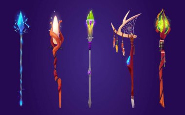 Cartoon set of magic power staffs isolated on background. Vector illustration of wooden and iron wand sticks decorated with gemstones, dream catcher, fortunetelling crystal, ice stone. Game assets clipart