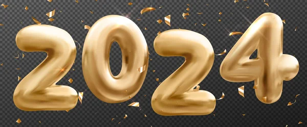 3D金2024的数字为新年快乐贺卡或横幅 党的海报模板与光滑的金球形状的年份号和圆饼 矢量现实的说明 — 图库矢量图片
