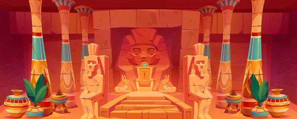 古代エジプトの寺院の玉座の部屋 アンティークファラオの墓のベクトル漫画のイラスト 石の壁に象形文字と宮殿のインテリア アンビスとガード像 花瓶のヤシの葉 — ストックベクタ