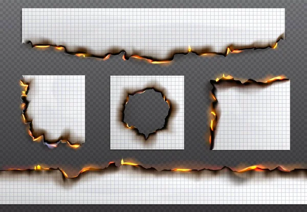 Realistic Burnt Paper Edge Grid Vector Set Burn Effect Fire — Stock Vector