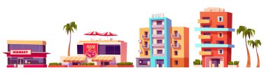 Miami City Caddesi Oteli ve tatil köyü binaları. Florida 'da otel, kafe ve market seti olan ıssız bir bina. Tropikal Kaliforniya iş dairesi dış tırnak koleksiyonu