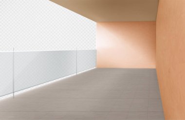 Şeffaf arka planda cam korkulukları olan gerçekçi bir balkon. Duvarları ve döşemeleri olan boş bir apartman terasının vektör çizimi. Modern kentsel mimari tasarım elementi. Otel binası