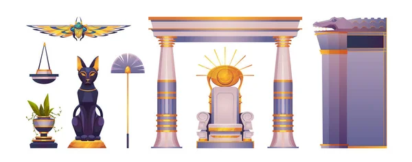 이집트 물건들 태양의 고양이와 조각상 풍뎅이 기둥이 — 스톡 벡터