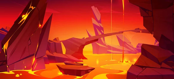熔岩地狱背景 洞穴视图矢量游戏说明 火山岩浆火灾和岩石景观场景 炽热的红色熔火流过河流表面 石头毁了世界地形壁纸探险 — 图库矢量图片