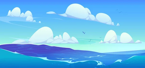 带云量背景的海浪和蓝天 海洋卡通景观 阳光普照的地平线 野生海滨宽墙纸与水飞溅和泡沫 美丽的航海概念 — 图库矢量图片