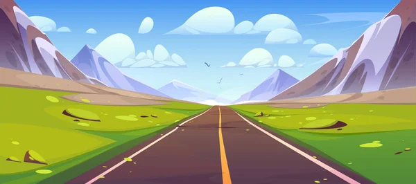 Road Mountain View Cartoon Landscape Blue Sky Green Grass Straight — Stock Vector