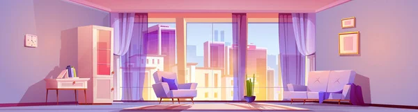 パノラマの窓の漫画のベクトルの背景とリビングルームのインテリア ソファ アームチェア付きの家庭用家具 超高層ビル街の景色を望むピンクと紫の大型高級ホテルアパート — ストックベクタ