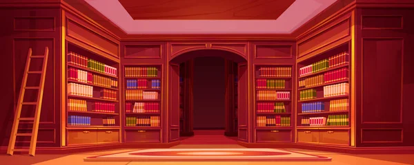 Cartoon Bibliothek Interieur Mit Bücherregalvektor Hintergrund Holzleiter Neben Bücherregal Auf — Stockvektor