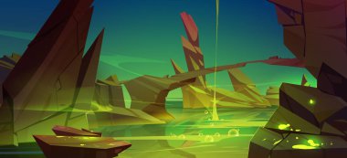 Kayaların arasından akan zehirli yeşil madde nehri. Kirli göl yüzeyinde zehirli kabarcıklar olan karanlık manzaranın vektör çizimi, taş köprü. Kimyasal kirlilik. Oyun arkaplanı