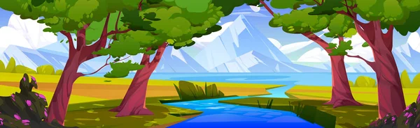 夏季山川和森林卡通画背景 溪流通向瑞士草地上的湖泊 让阿尔卑斯山的室外春天环境平静下来 在阳光灿烂的日子去游览美丽的全景 — 图库矢量图片
