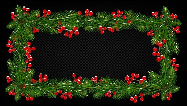 Cornice Natalizia Rami Albero Natale Con Bacche Agrifoglio Rosso Neve — Vettoriale Stock