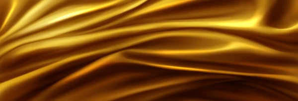金のドレープリーリーシルク生地高級背景 黄色の抽象サテン布ベクトルテクスチャパターン 滑らかな光沢のあるドレープ素材カーテン エレガントな黄金の曲線の動き画像現実的な水平方向のデザイン — ストックベクタ