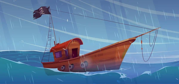 Barco Pirata Tempestade Mar Vetor Fundo Náutico Onda Perigo Oceano —  Vetores de Stock