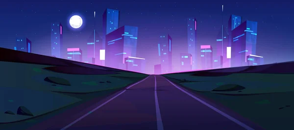 市内のベクトルの背景に夜の道 ネオンライトと未来的な通りの建物への高速道路 都市スカイライン漫画イラストのフロントビュー 暗い時間紫のダウンタウンのアーキテクチャと高速道路 — ストックベクタ