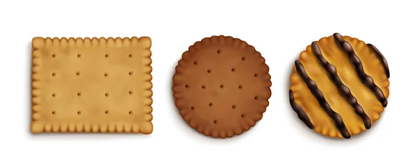 Realistiska Uppsättning Krispiga Kex Cookies Isolerade Vit Bakgrund Vektor Illustration — Stock vektor