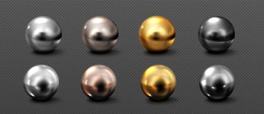 Realistic set of chrome balls isolated on transparent background. Silver, golden, bronze, platinum metal 3D spheres with shadow and light reflection on shiny surface. Jewelry bead. Design element clipart