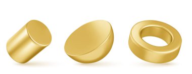 Şeffaf arkaplanda izole edilmiş üç boyutlu gerçekçi geometrik figürler. Soyut silindirin, yarımkürenin ve parlak metal yüzeyli halkanın vektör çizimi. Gelecekçi tasarım ögesi