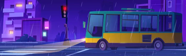 街道上的夜雨景观城市公交车站上的红色红绿灯矢量图解 城市公共交通的路线设计背景 人行道附近的卡通城市景观外部建筑 — 图库矢量图片