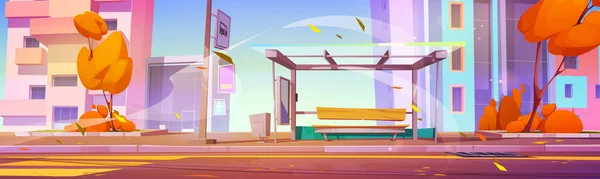 Yol Vektör Arka Planındaki Otobüs Durağında Sonbahar Rüzgarı Çizgi Film — Stok Vektör