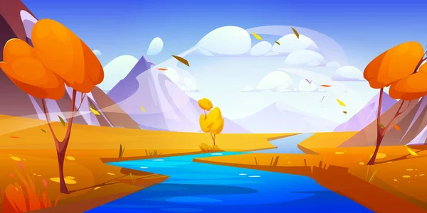 Flusswasser Strom Und Bergherbst Landschaft Illustration Schöne Vektor Cartoon Natur — Stockvektor