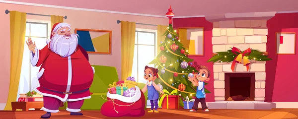 Interiér Vánočního Obývacího Pokoje Santa Clausem Dětmi Krbem Holiday Party — Stockový vektor