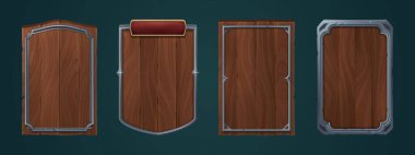 Arka planda demir çerçeveyle süslenmiş ortaçağ ahşap tabelalar. Doğal meşe dokusuna sahip boş kırsal afişin vektör çizimi. Eski bar menüsü, oyun avatarı sınır tasarımı