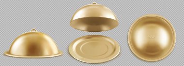 Şeffaf arka planda izole edilmiş açık ve kapalı altın saat yemek tepsileri. Çan kapaklı yuvarlak üç boyutlu tabağın vektör çizimi. Akşam yemeği için restoran malzemeleri.