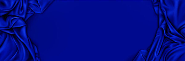 Blue silk fabric top view scene luxury wave vector banner background. 3d satin cloth border for beauty product mockup decoration. Navy cosmetic stage premium concept with draping material.