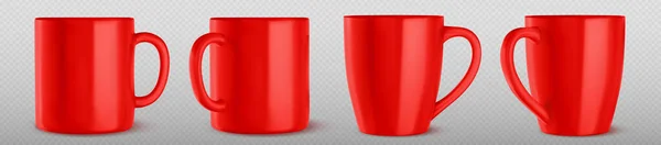 Realistic Set Red Mug Mockups Isolated Transparent Background Vector Illustration — Stock Vector