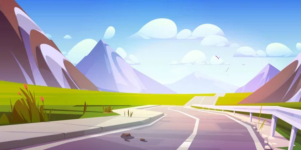 山路自然景观图解 在蓝天下穿越柏油路 带着夏日卡通片背景的云彩 晨景中的户外旅行路径 空旷的冒险谷概念 — 图库矢量图片