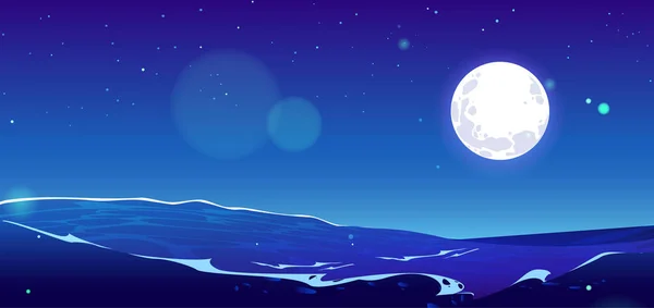 海浪和蓝天 满月和恒星矢量背景 海洋卡通画全景 清澈的地平线 带有水花和泡沫的野生海滨 — 图库矢量图片