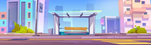 在城市道路媒介背景上的街道巴士站 城市卡通画中的白日光照 夏天在运输站附近空旷的人行道 全景城市景观 — 图库矢量图片