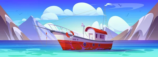 Лодка Рыбака Море Векторная Иллюстрация Сцены Озеро Природа Судном Ловить — стоковый вектор