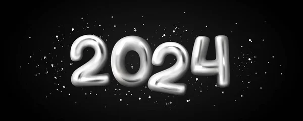 2024新年快乐横幅的文字 带光滑银球数字形状和圆饼的贺卡模板 黑色背景上的矢量真实感图解 — 图库矢量图片