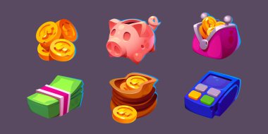 Finans oyunu karikatür vektör seti. Cüzdanında altın sikke, domuz sembolü, nakit ve terminal elementli iş simgesi. İzole mali ve bankacılık hesap arayüzü nesnesi.