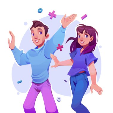 Mutlu genç insanlar, kadın ve erkek karakterler eğleniyor. Parti kavramı, başarı veya yetişkin arkadaşlarla kazanmak veya dans ve neşe, vektör karikatür çizimi