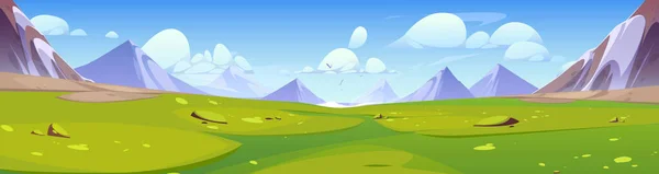 Nature landscape with mountains, green valley and clouds in sky. , trees, road and clouds in sky. Summer scene of fields with green grass and rocks range with snow, vector cartoon illustration