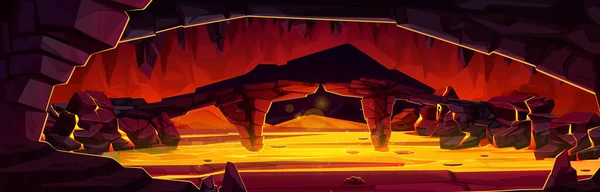 Cartoon Grotta Vulcano Con Flusso Lava All Interno Illustrazione Del — Vettoriale Stock