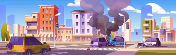 Şehir Çizgi Filminde Trafik Kazası Kaput Hasarlı Araba Kazası Aracın — Stok Vektör