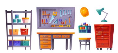 Garajdaki ya da bodrumdaki atölye içi seti. Beyaz arka planda izole edilmiş marangozluk araç deposu. Ekipmanlarla dolu raflar, mühendislik deposunda kutu. Kutu ve eski raf koleksiyonu