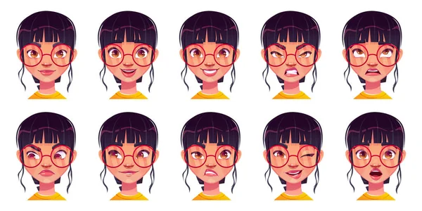 Avatar Wajah Gadis Dengan Ikon Ekspresi Emosi Yang Berbeda Wanita - Stok Vektor
