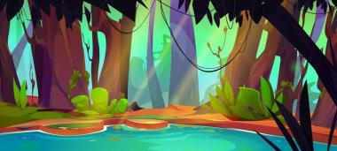 Ormandaki bataklık çizgi film vektör oyunu arka planında. Yeşil su gölü çevresi illüstrasyonlu tropikal bir manzara. Ağaç ve lianalı fantezi bataklık, güneşli bir yaz günü. Amazon yağmur ormanları