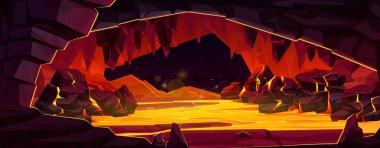 Cehennem mağarası, lav ve volkan taşı çatlak vektör manzaralı. Erimiş sıcak magma sahnesi. Yeraltındaki dağ mağaralarında alevler var. Oyun macera tüneli tasarımı. Kimsesiz gizemli bir fantezi yeri