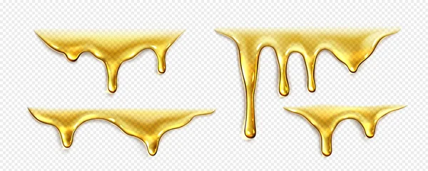Kapající Tekutý Med Zlatý Olej Nebo Sirup Kapky Izolované Průhledném — Stockový vektor