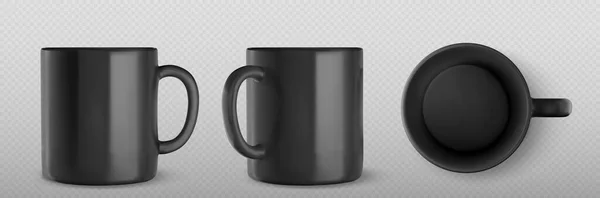 紅茶やコーヒー用の黒マグカップの3Dモックアップ 空白の陶器や磁器のカップのテンプレート フロント サイド トップビューの空の黒マグカップ 透明背景に隔離されたベクトルリアルなセット — ストックベクタ