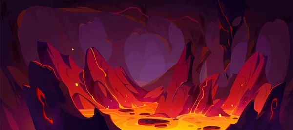동굴의 지옥의 터널에서 불타는 마그마가 흐르는 지옥의 환상적 — 스톡 벡터